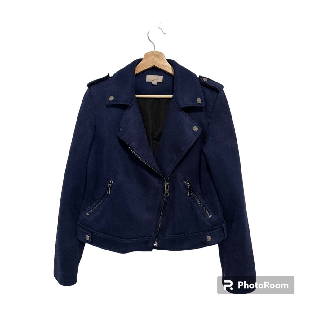 LOFT NAVY BLUE FAUX SUEDE SHORT MOTO JACKET SIZE 4